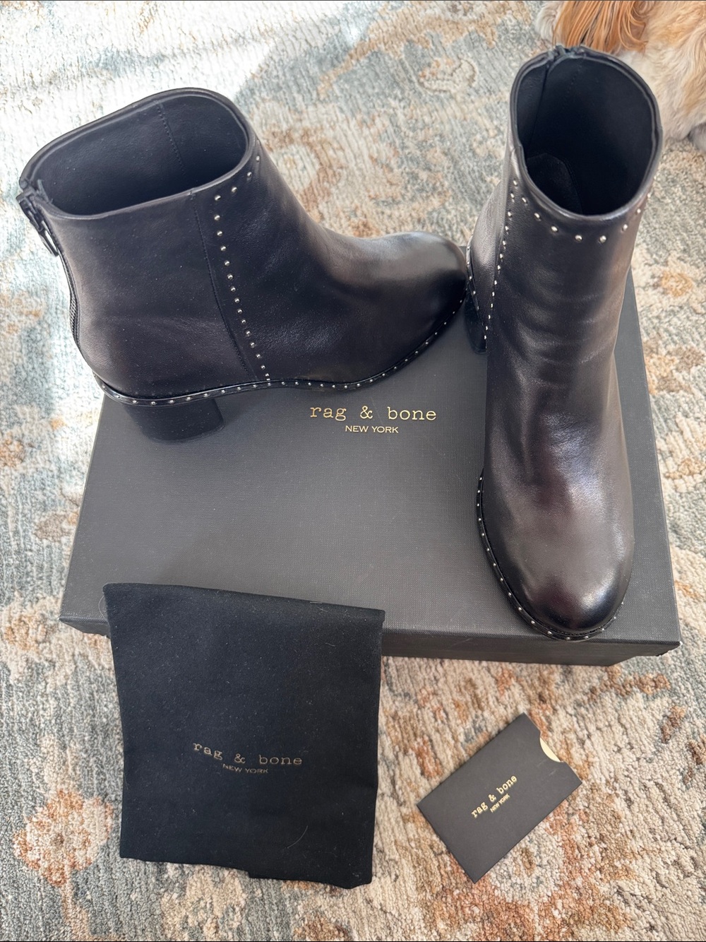 rag & bone Black Leather Studded Ankle Boots with Silver Accents